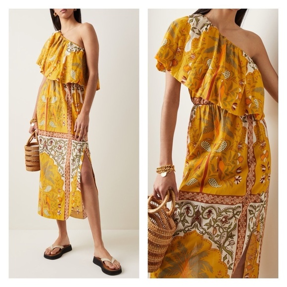 JOHANNA ORTIZ From Salsa To Mamba dress midi yellow one shoulder tropical boho - Picture 4 of 15